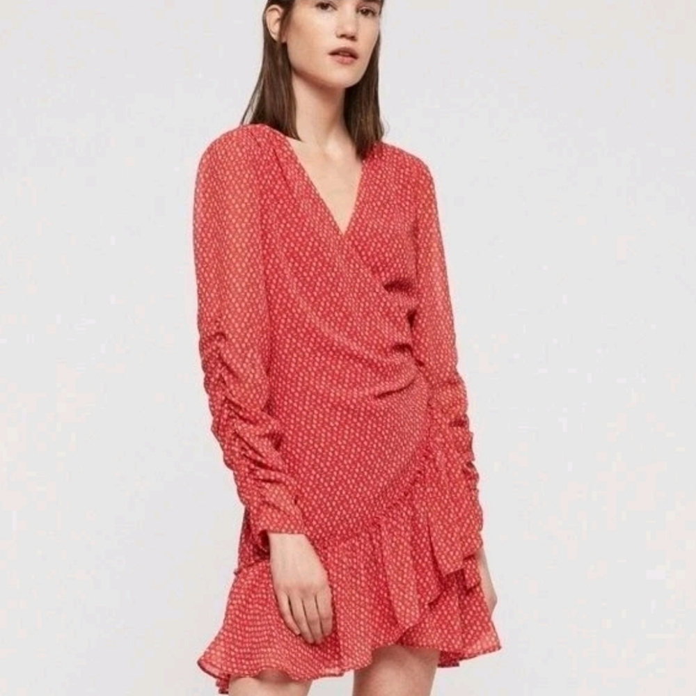 ALL SAINTS Flowers Red & Crram Heart Elegant Red Wrap Dress Sz L